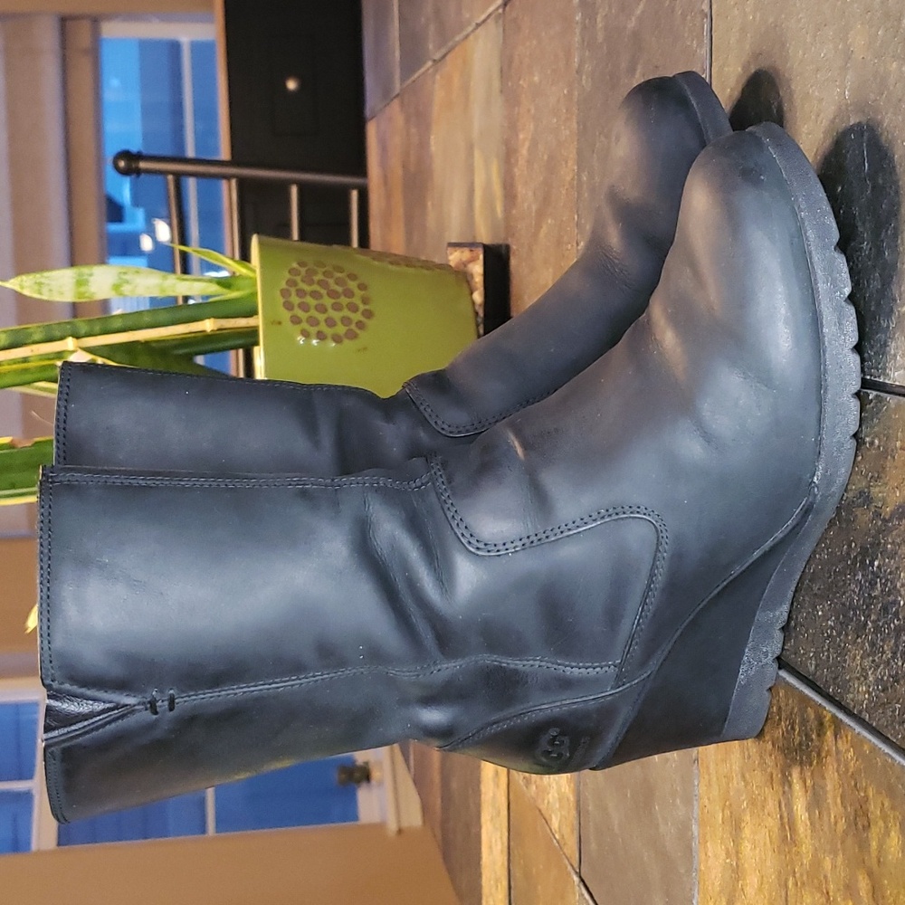 UGG Joely Wedge Soft Leather Waterproof Winter Warm Lined Boots Black 6